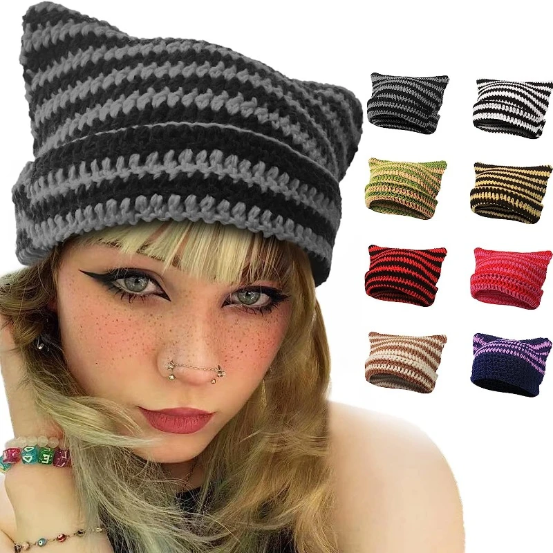 Chic Little Devil Striped Beanie with Cat Ears - Cozy Knit Wool Cap