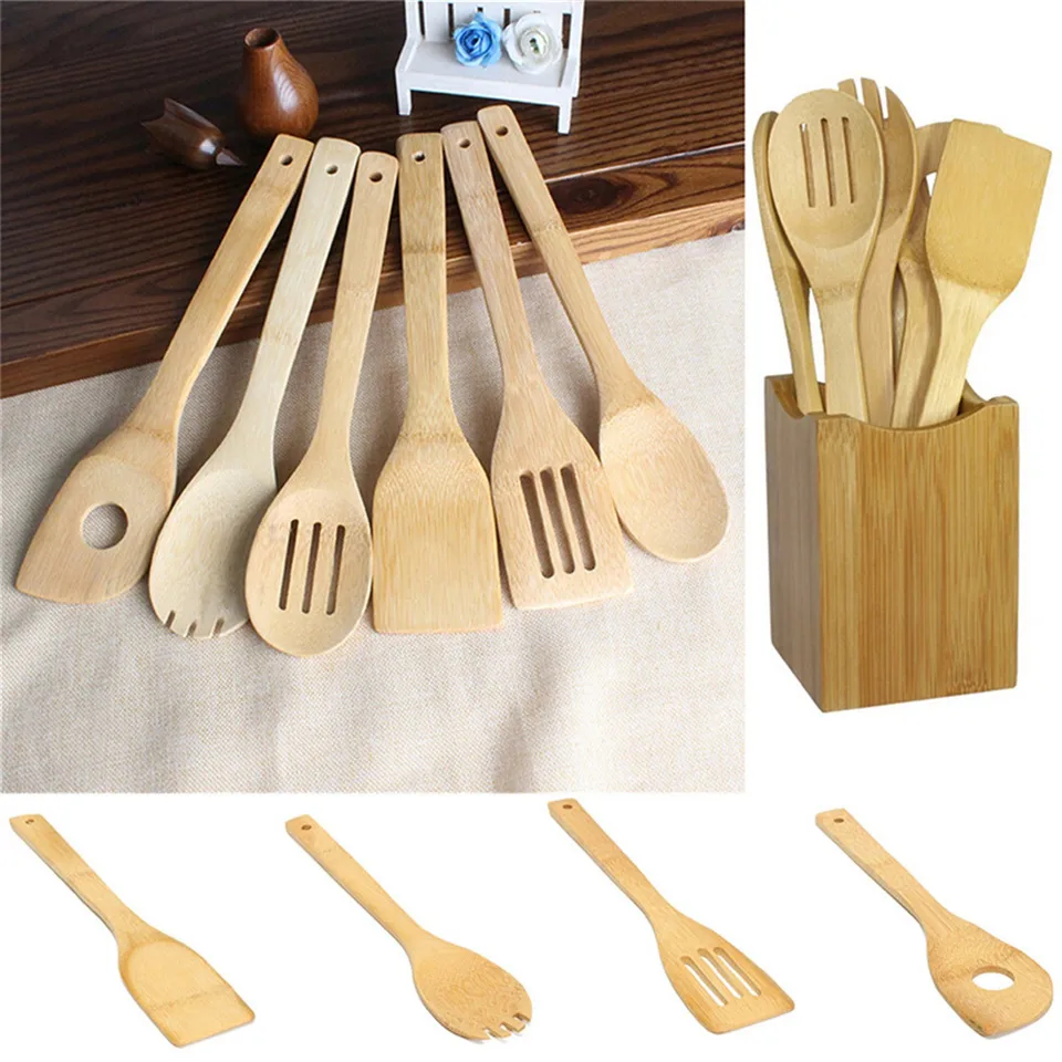 Set Di Cucchiai In Legno Di Bambù Per Cucinare: 6 Pezzi, Utensili Da Cucina Ecologici, Regalo Per Amici