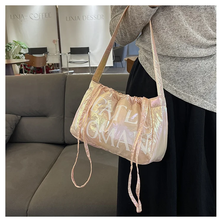 Candy colored new letter printed drawstring shoulder niche design dumpling women's armpit bag_voghion.com