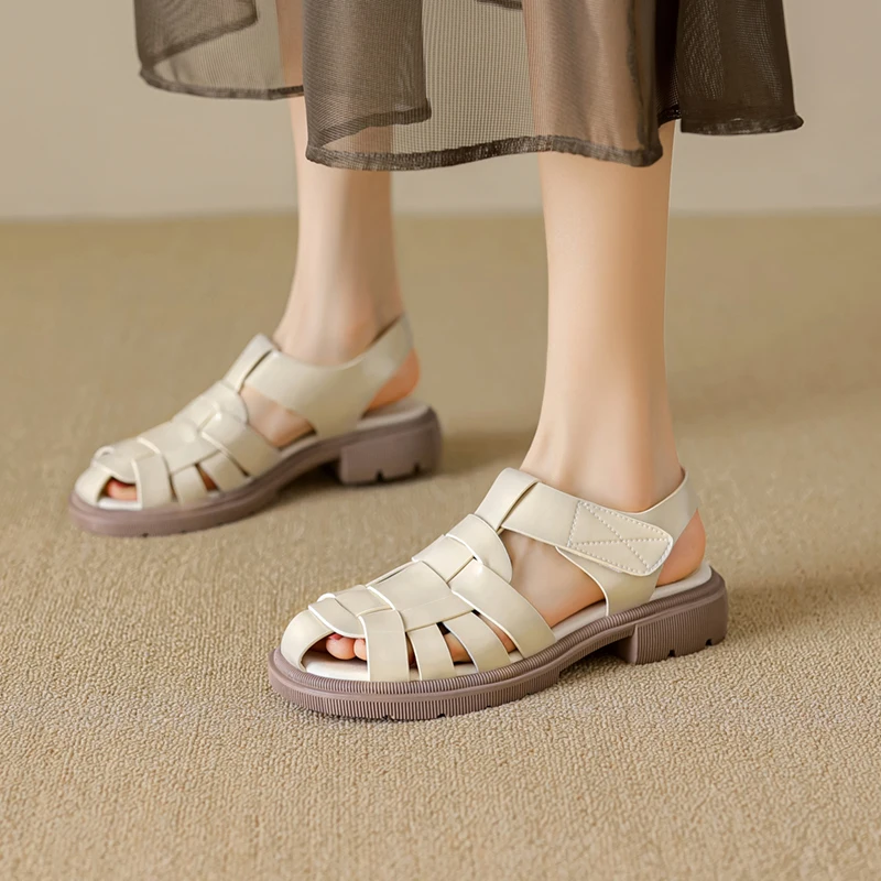 

2023 Women Sandals Retro Genuine Leather Luxury Roman Sandals Casual Buckle Strap Summer Shoes GLADIATOR Thick Heel Women Shoes