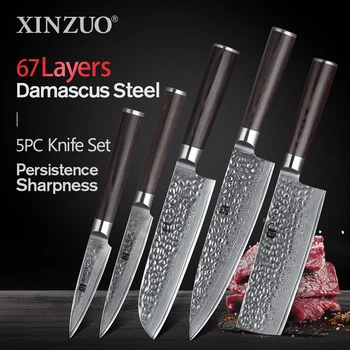 Set di coltelli da cucina XINZUO 1-5 pezzi VG10 damasco in acciaio inossidabile Sharp Chef Santoku Nakiri coltello da cucina per affettare manico in legno di Pakkawood 1