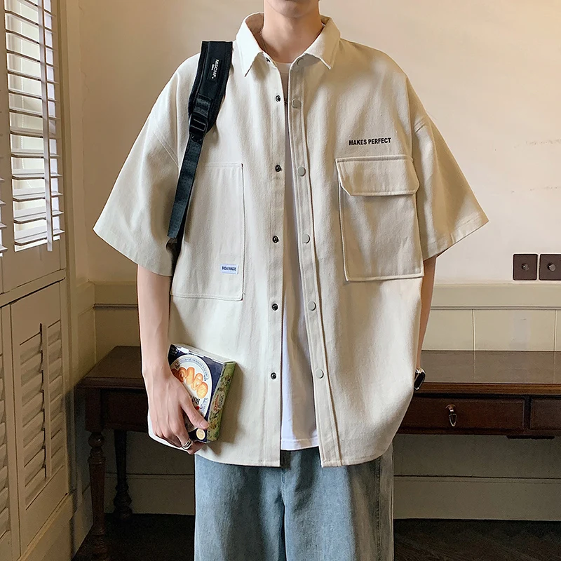 

Men's Five-sleeved Shirt Pure Cotton Solid Color Youth Casual Single-breasted Lapel Shirt Korean Reviews Many Clothes Men Shirts