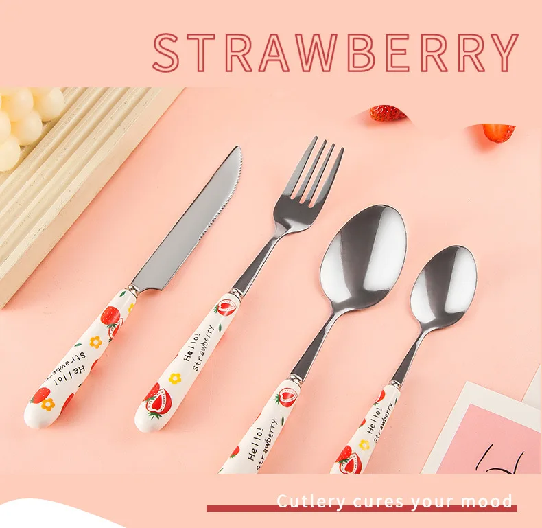 Description Picture 6 of itemStainless Steel Tableware Cute Cartoon Girl Heart Strawberry Ceramic Handle Main Dinner Knife Fork Spoon Kitchen Items