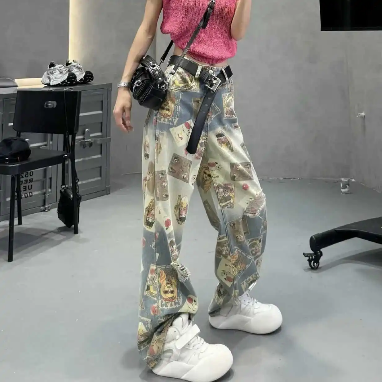 

Women's Y2k Ripped Jeans Baggy Harajuku Oversize Denim Trousers Vintage Punk Jean Pants Japanese 2000s Style Trashy Clothes 2024