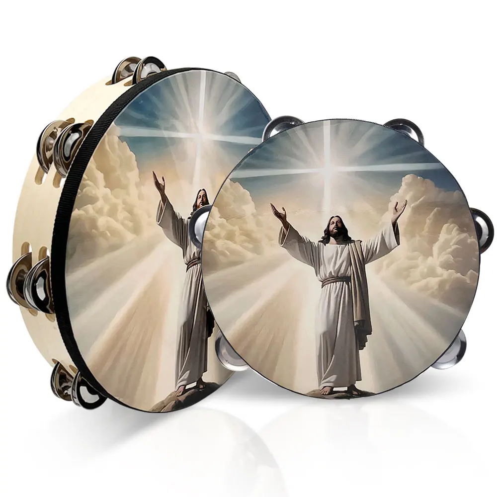 8/10 inch Jesus Tambourine Double Row Jingle Tambourine for Adults, Handbell Clap Drum for Party Musical Instrument