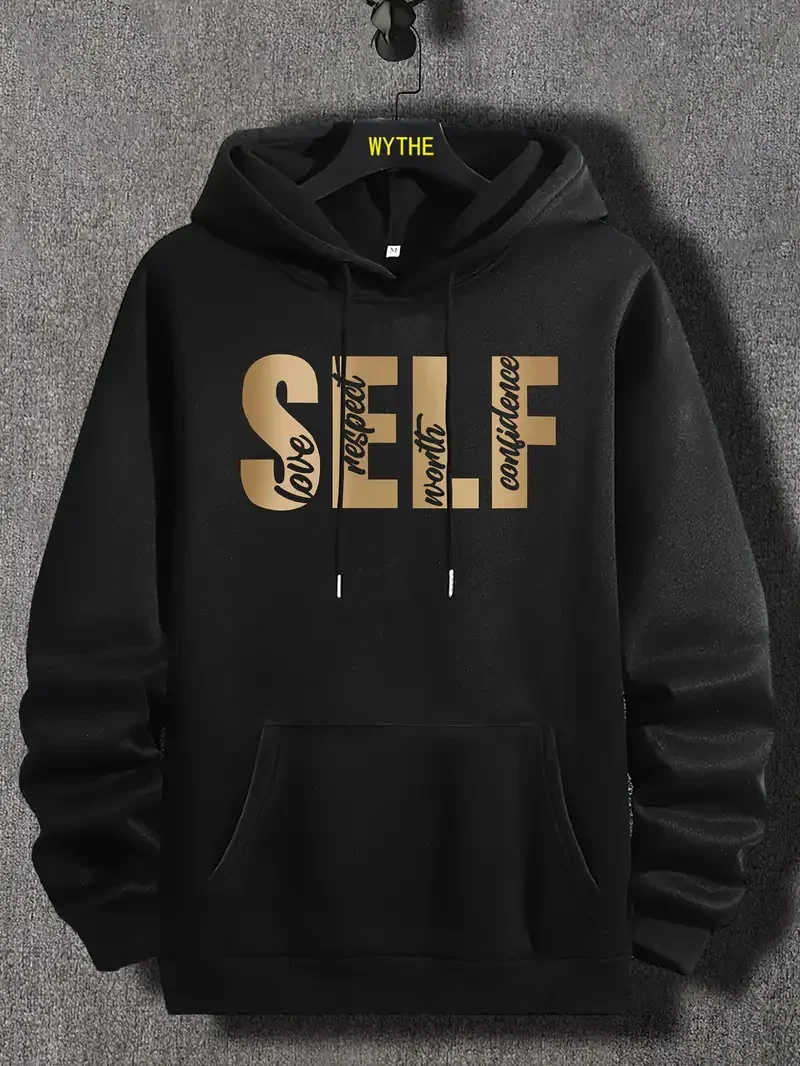 

Men Golden Self Letters Print Hooded Sweatshirt Casual Loose Graphic Hoodies for Male with Kangaroo Pocket Pullover Comfy Cloth