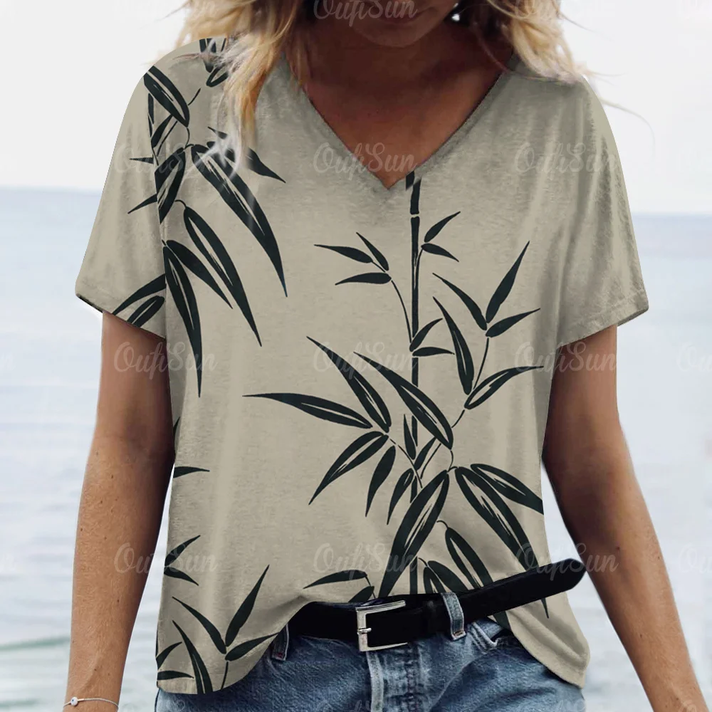 

2024 Women T-shirt Chinese Bamboo Print Top Plus Size Women's Trend Clothing Fashion Short Sleeve Shirt Oversized V-Neck Tee