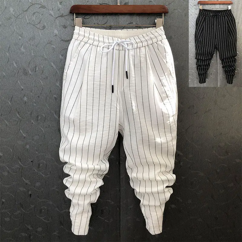 Men Trousers Summer Korean Fashion Casual High Waisted Pocket Stripe Elastic Slim Fitting Leggings Cropped Pants