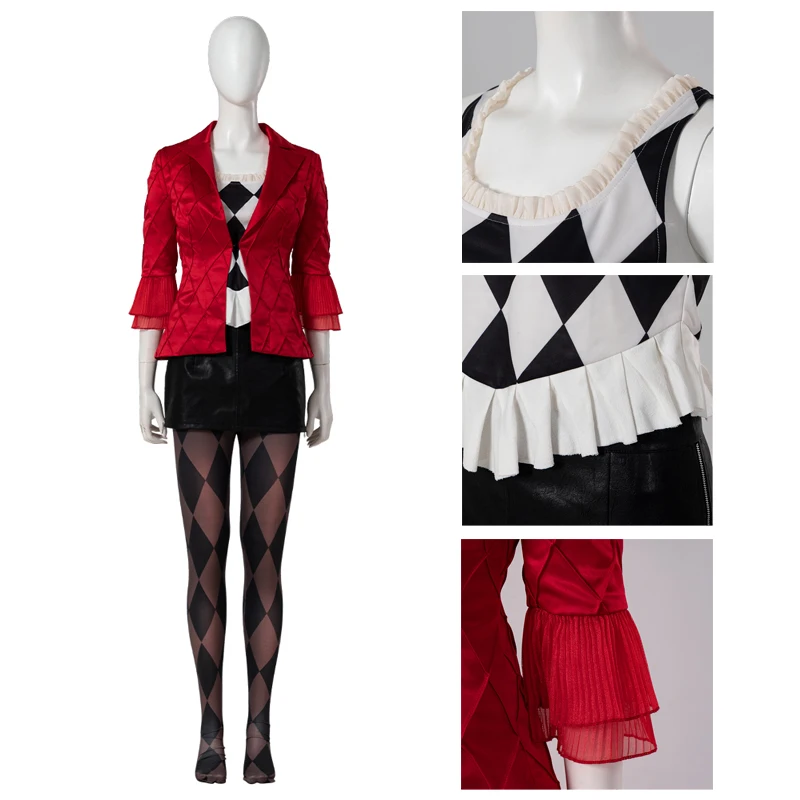 

Movie Joker Cosplay Costume Halloween Role Play Party Red Jacket Lady Joker Disguise Harley Outfit Woman Sexy Short Black Dress
