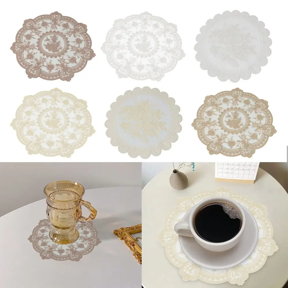 popxstar European  Lace Embroidered Coaster Dish Tableware Mat Kitchen Cup Placemat Dinner Table Decor Mat Cloth Coffee Drink Pad