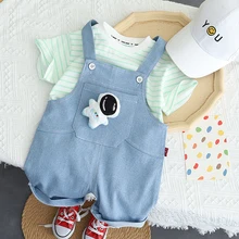  Baby summer suit clothing new fashion casual boys and girls stripe short sleeve Cartoon Bear strap suit children's clothing 