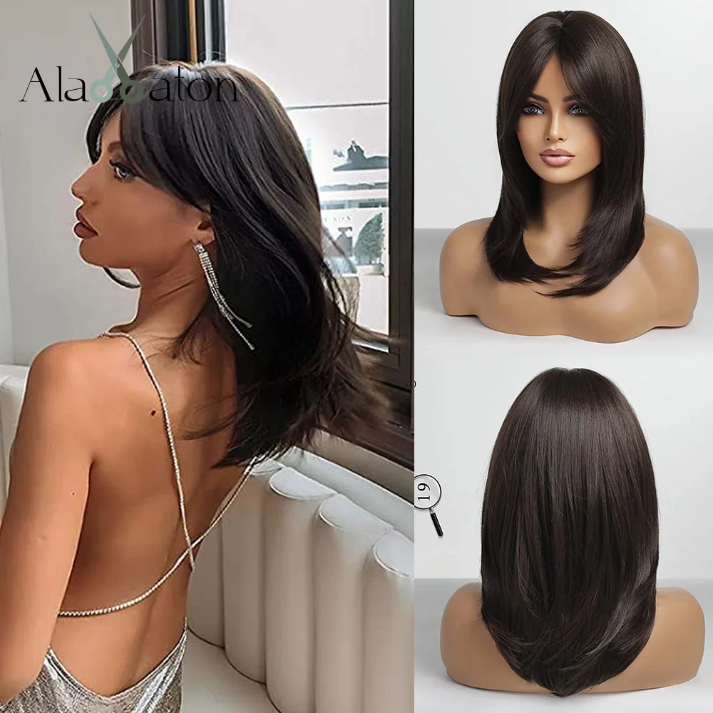 

ALAN EATON Dark Brown Synthetic Wigs with Bangs Shoulder Length Layered Hairstyle Wigs for Women Natural Heat Resisitant Hair