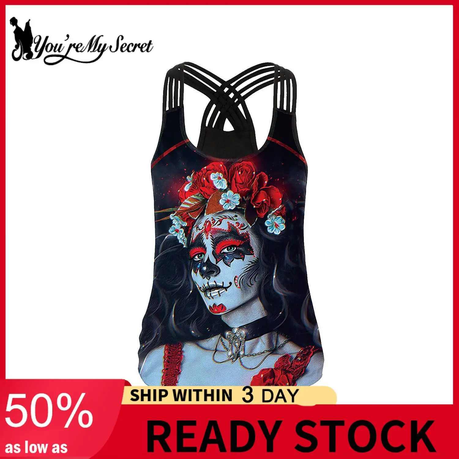 

[You're My Secret] Women Sexy Hollow Out Tank Tops Sports Fitness 3D Rose Skull Print Sleeveless Streetwear Grils Vest Halloween