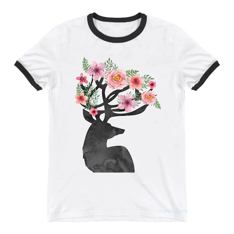 

2022 Fashion Watercolor Antlers Pink Flowers Print T-Shirt Women'S Clothing Tshirt Femme Tumblr Tops Tee Shirt Female Streetwear