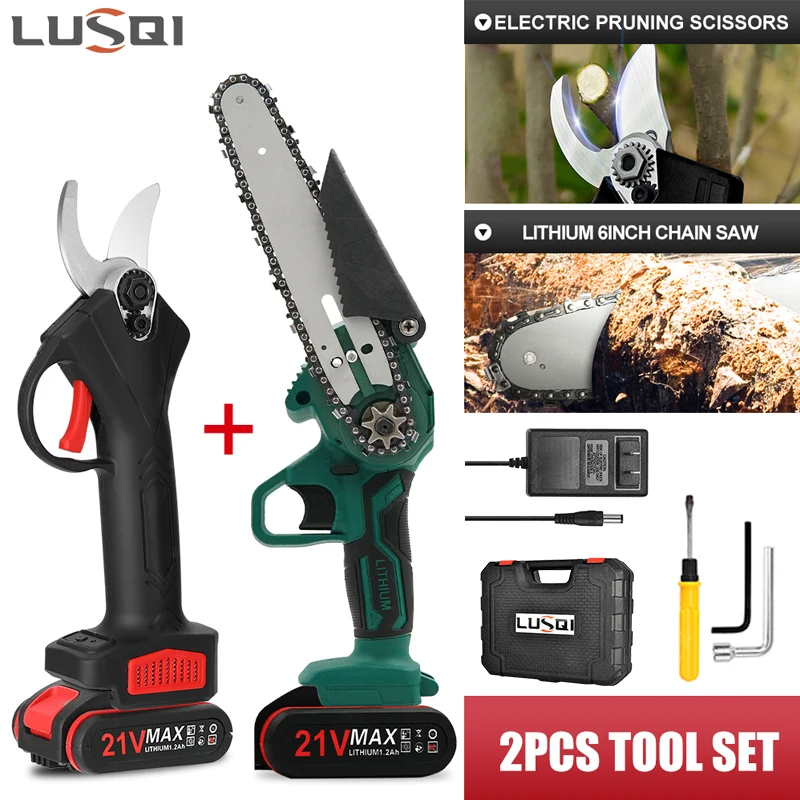 LUSQI Cordless Pruning Shears Or 4/6in Electric Chainsaw Lithium Chain Saw Pruners Cutting Pruning Branch Set Garden Tools 2