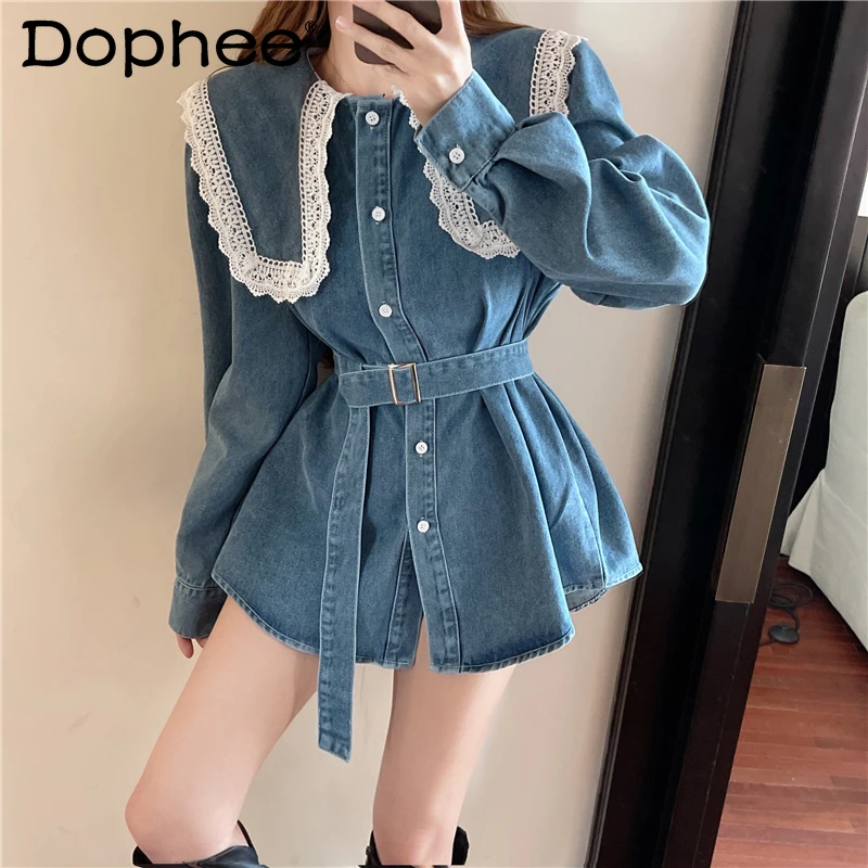 

American Style Retro Washed Distressed Long-Sleeved Denim Shirts Women's Autumn New Niche Waist Slim Fit Casual Style Top Blouse