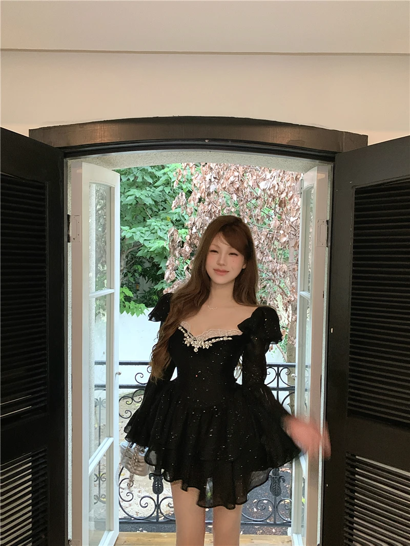 Y2K Black Short Dresses for Women Diamonds Square Collar Flare Sleeve High Waist A-line Birtheday Party Dress Prom Mini Vestidos