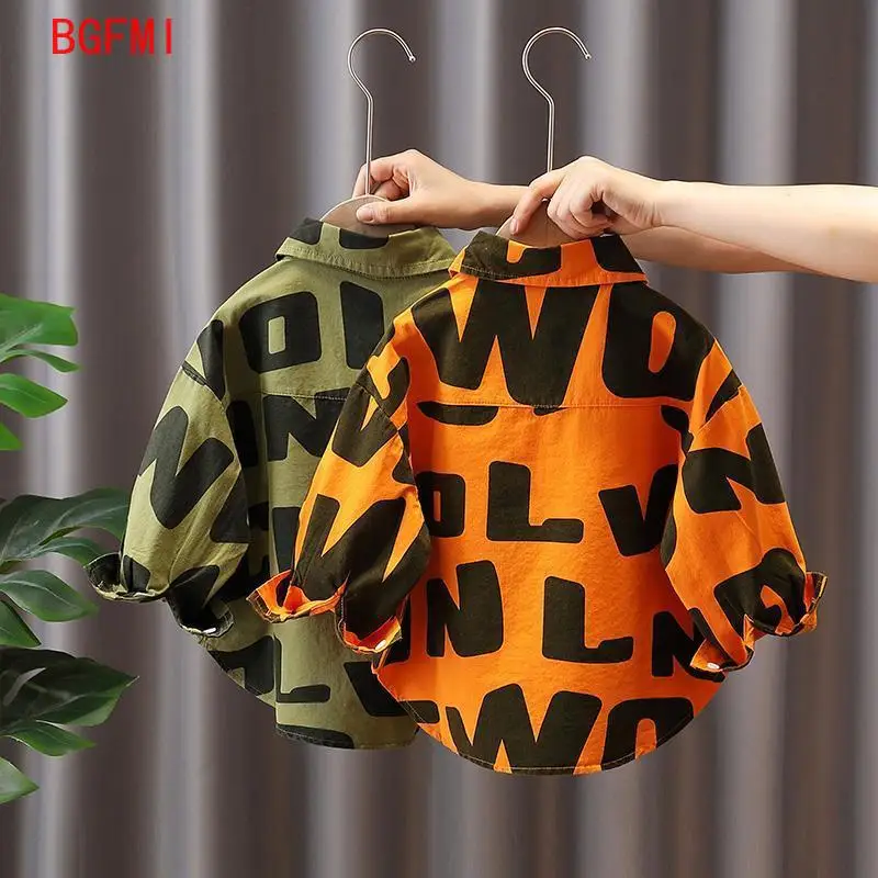 2-10Y spring autumn kids boys girl loose cotton shirts 2 colors letter print long sleeve kids turn-down collar button-down tops