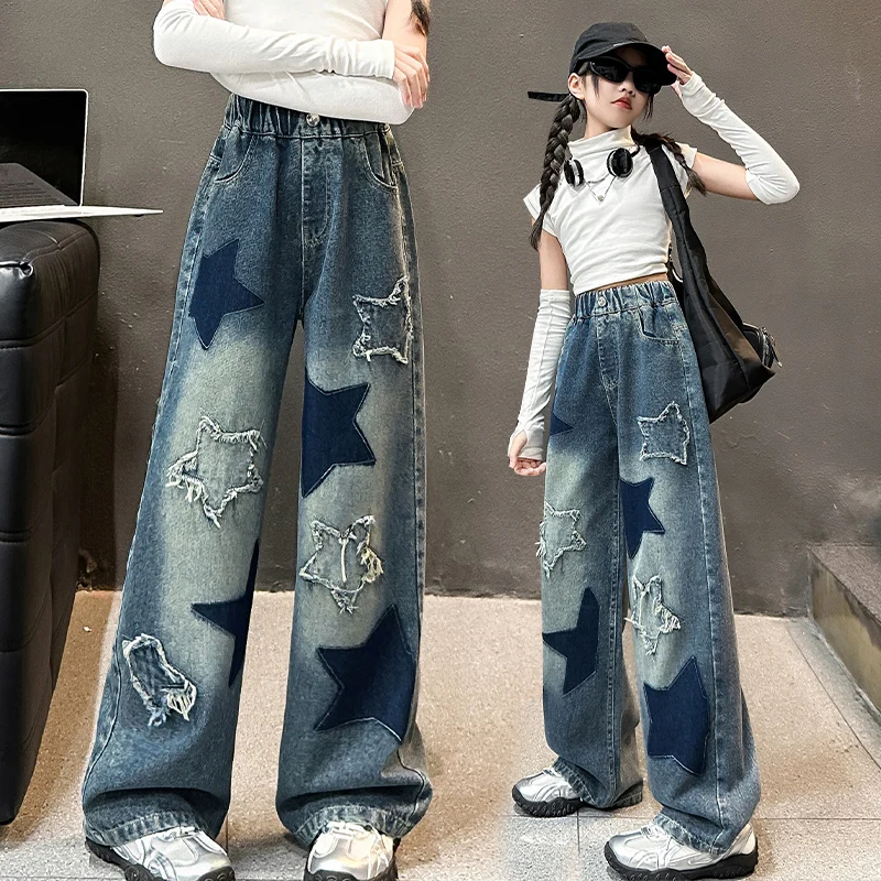 용수철 키즈 레트로 블루 청바지, 별 달린 루즈한 청바지 바지, 미국 어린이 하이 웨이스트 슬림 데님 바지, 신제품
