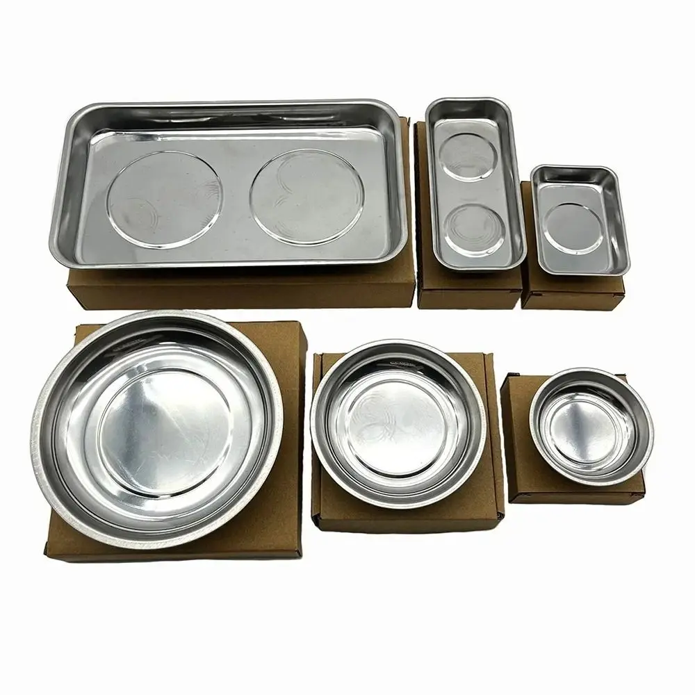 1Pcs 라운드 스퀘어 마그네틱 부품 트레이 실버 다기능 도구 정리함 자석 스테인레스 스틸 부품 그릇