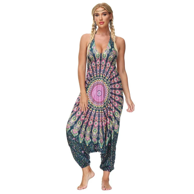 5Colors Women Sexy Retro Bohemian Print Sleeveless Jumpsuit Summer Beach Casual Harem Bloomers Bodysuit Indian Pakistan Clothing images - 6