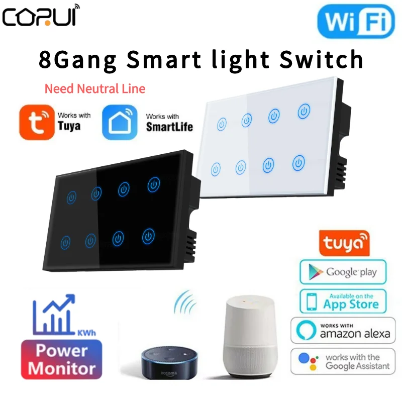 

CORUI Tuya 8 Gang WiFi Smart Wall Light Switch, Touch Glass Switch Panel, Power Monitor 147mm*86mm Google Home Alexa Smart Life