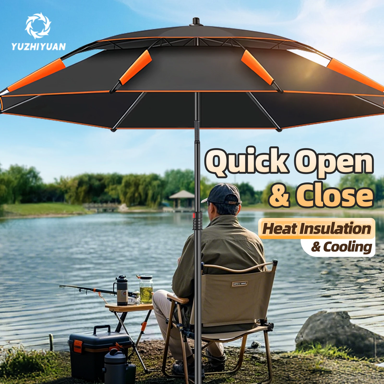 Grand parapluie pêche pliable UPF 50+ waterproof - Protection solaire avec support réglable portable