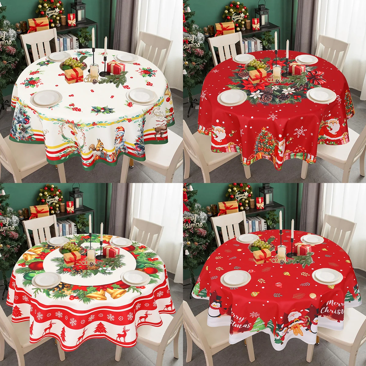 Christmas Round Tablecloth Santa Claus Snowman Table Cloth Merry Christmas Decorations for Home Xmas Navidad New Year Decor