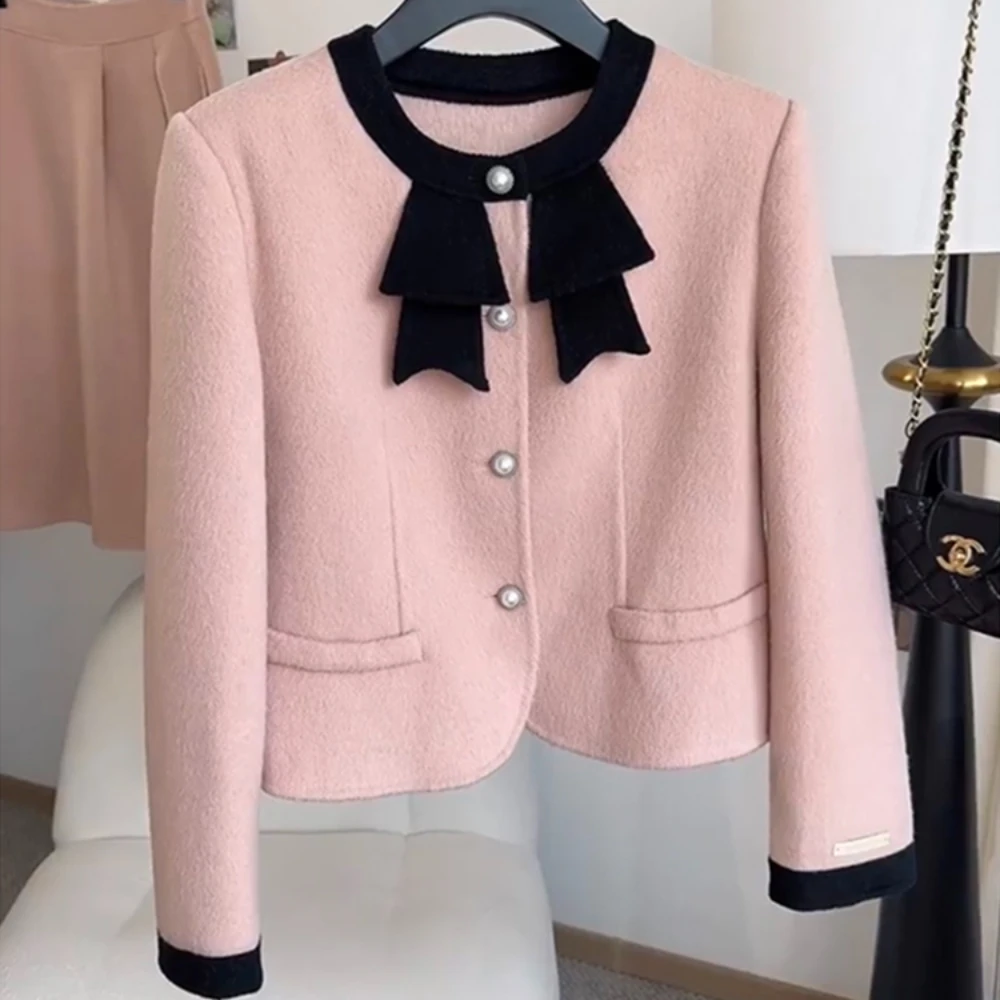 French Elegant Long Sleeve Round Neck Women's Coats Autumn and Winter Fashion Pink Beaded Single-Breasted Slim Fit Jackets
