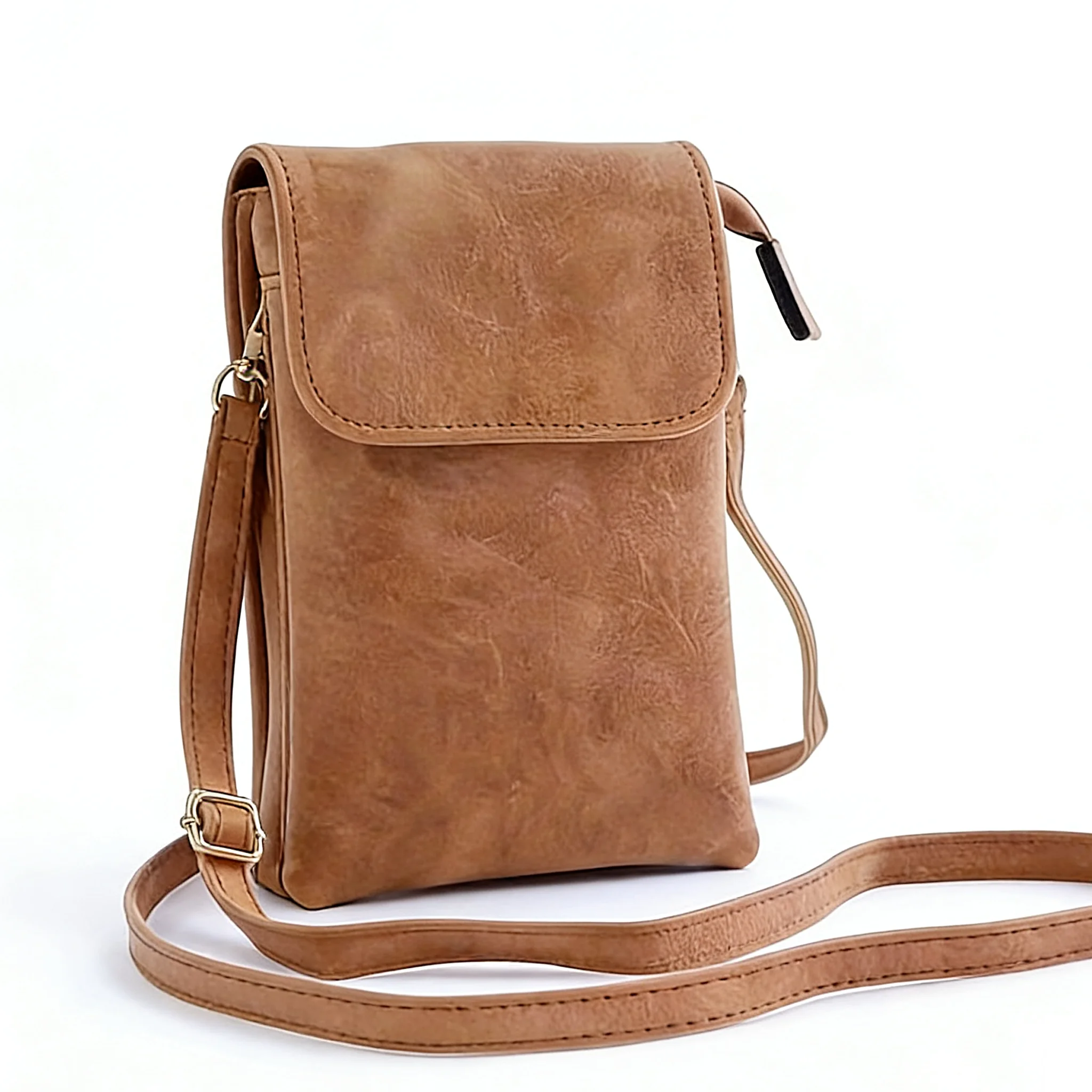 Damen Leder Crossbody Handytasche Kleine Schultertasche Doppelreißverschluss-Geldbörse Multi-Taschen Kartenhalter Mini-Messenger-Tasche – Detail 5