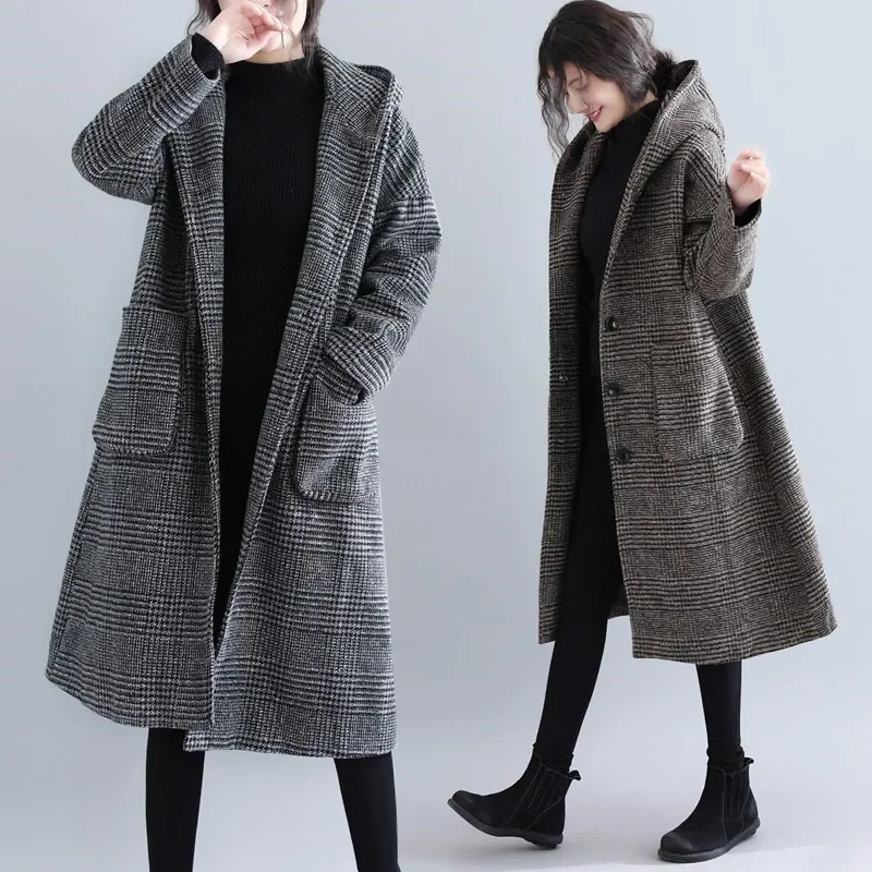 

2024 New Vintage Autumn Winter Long Plaid Woolen Coats Womens Clothing Large Size Loose Hooded Jackets Female Outerwear