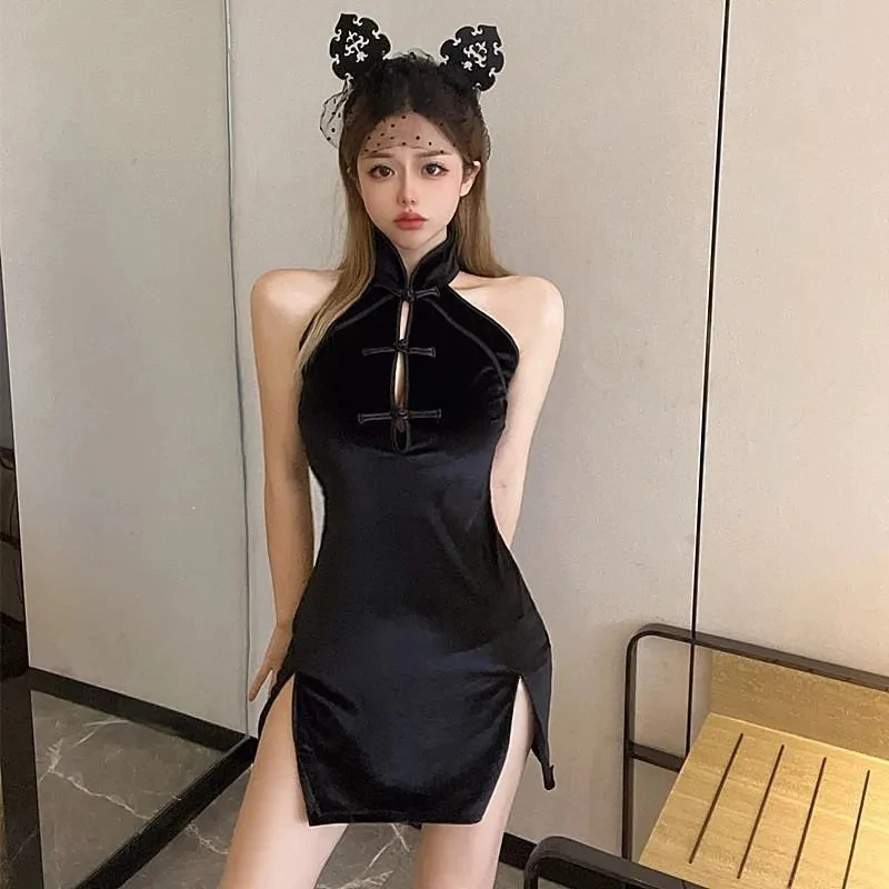 Chinese dress Vintage Chinese Traditional Qipao Cheongsam Sexy Mini Slim Split Chinese Dress Cosplay Costume Classic Mandarin Collar