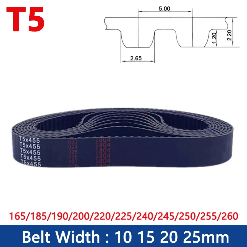 

1PCS T5 Timing Belt Width 10/15/20/25mm Rubber Closed Loop Synchronous Belt Length 165/185/190/200/220/225/240/245/250/255/260mm