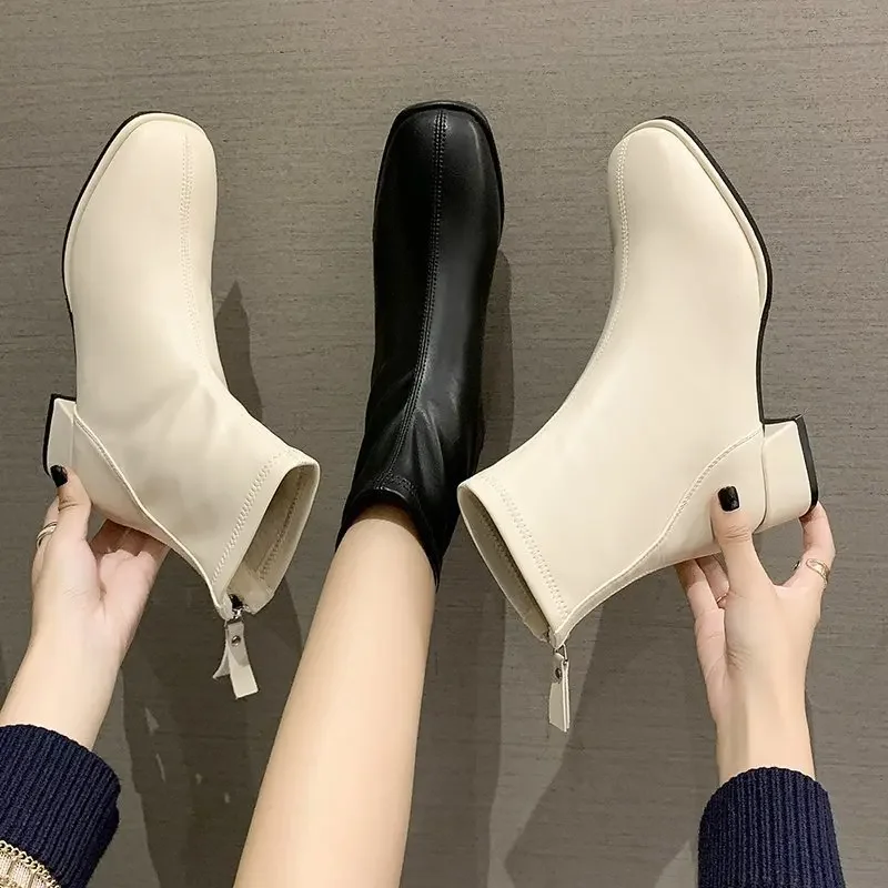 Ankle Boots Women Elegant High Heel Short Boots Ladies Platform Pointed Toe Ankle Boots Large 43 Heel Square Retro Women Shoes