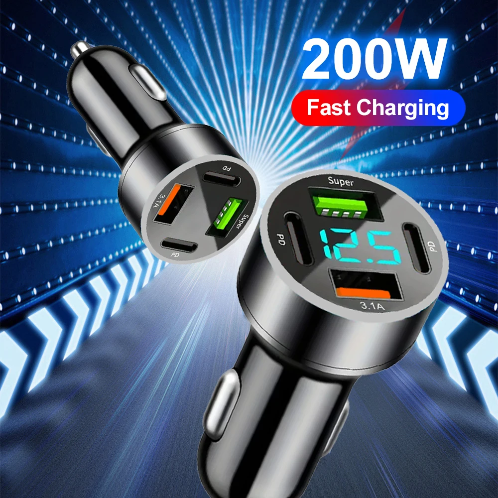 Total 200W Dual USB C Car Charger with Voltage Display Super Fast Charging Adapter 4 in 1 for iPhone Samsung Xiaomi Huawei OPPO phone charger car charger phone charger adapter car phone charger
