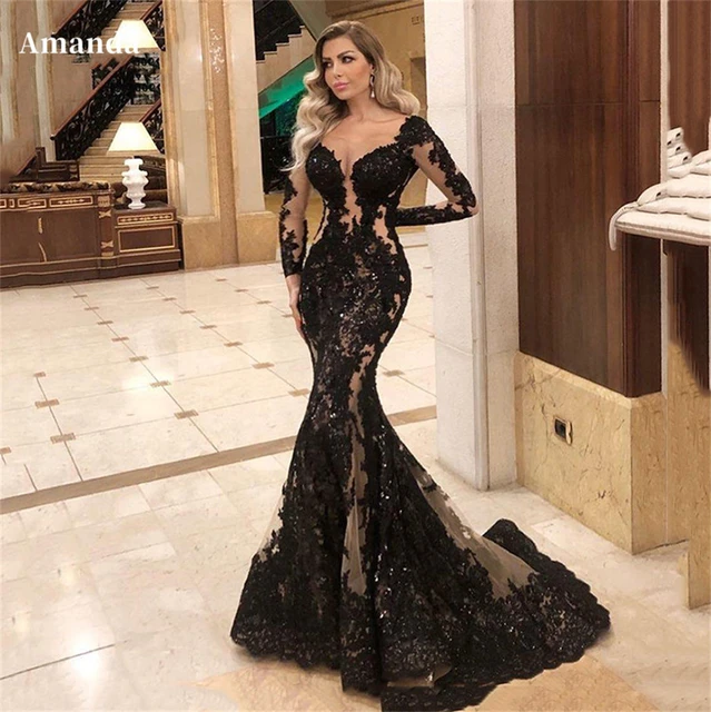 Amanda-vestido de fiesta de manga larga con cuello en V para mujer, traje negro de con encaje bordado, ropa Sexy de 2023 - AliExpress