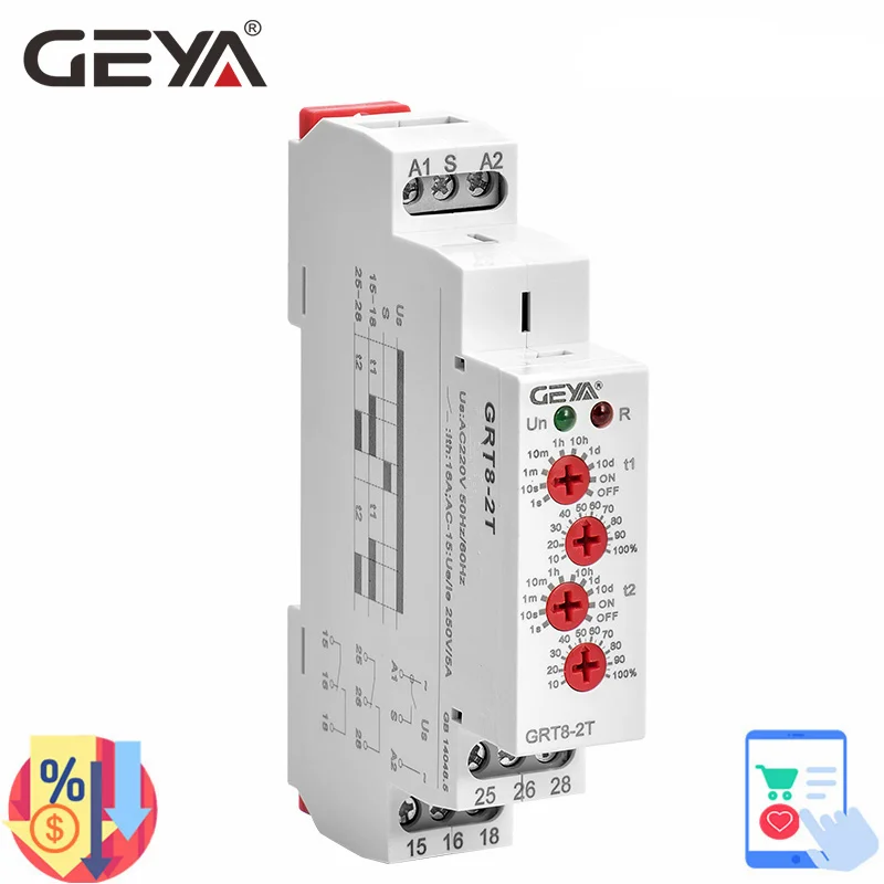 

GEYA GRT8-2T Double Delay on Timer Relay AC230V OR AC/DC12V-240V DPDT Relay Din Rail Type Time Delay Relay