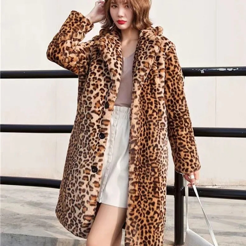 

2023 Leopard Print Coat for Women Winter New Slimming Fur Imitation Fur Leopard Print Long Warm Thick Plush Overcoat