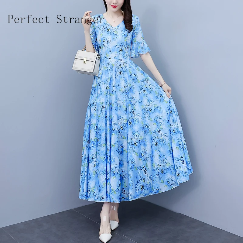 

2024 Summer New Arrival Short Sleeve Boho Beach Vestidos Mujer V Collar Flower Printed Women Long Chiffon Dress