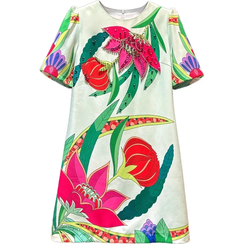

Evagina Spring Summe Sequins Diamonds Flower Print Short Sleeved dress Holiday Fashion Women's Mini Dresses