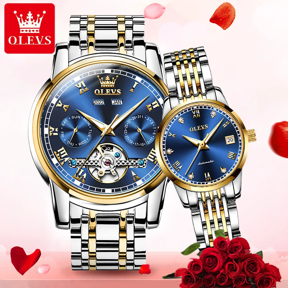 OLEVS Automatic Couple Watch Roman Scale Original Auto Date Mechanical Wristwatch Luxury Business Waterproof Watch For Men Women