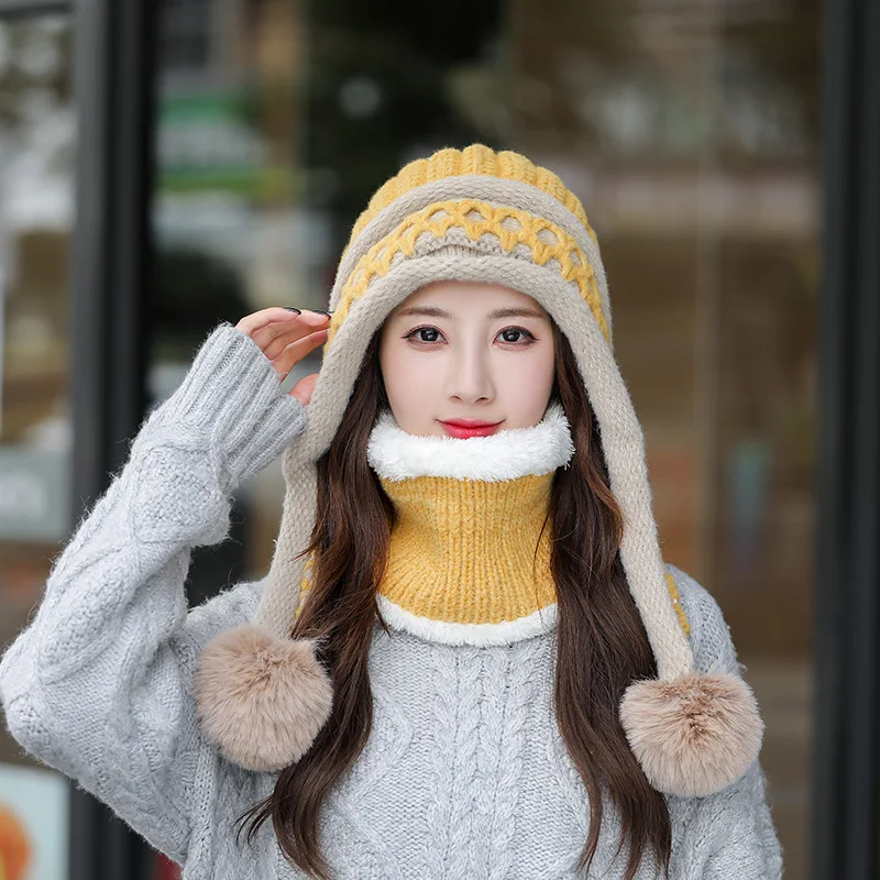 Neue Gestrickte Hut Dicke Warme Earflap Hüte Schal 2Pcs Set Fleece Gefüttert Ball Bommel Skullies Beanies Frauen Winter kaninchen Fell_voghion.com