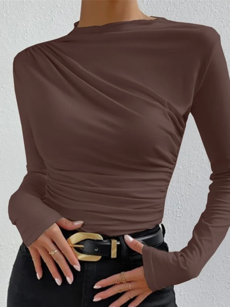 Bornladies Solid Color Slim Fit T-shirt Female Versatile Pleated Chic Long Sleeves Women's Fashion Top Autumn Winter Base Shirt