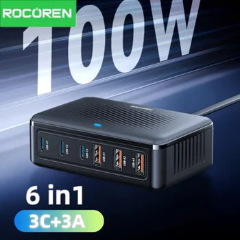Rocoren USB Charger 100W GaN Charger 6-ports Desktop Fast Charging Type C Charger Portable Power Station For iPhone Xiaomi POCO