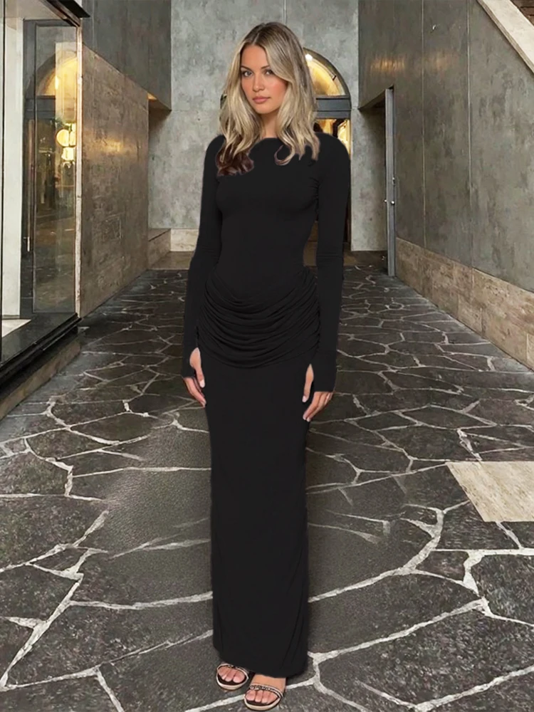 Nibber Casual Ruched Elegant Long Dresses Woman Autumn Style Classic o-Neck Full Sleeve Skinny High Waist Robe Basic Vestidos