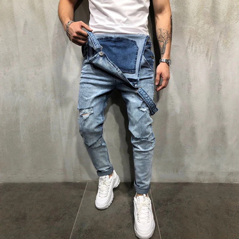Men's Biker Jeans Bib Overalls Jumpsuits Streetwear Casual Stretch Ripped Dungarees Strap Jeans