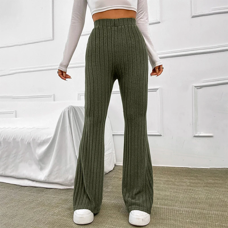 

Rib Knit Basic Solid Color Stretchy Flare trousers flare women's High Waist pants