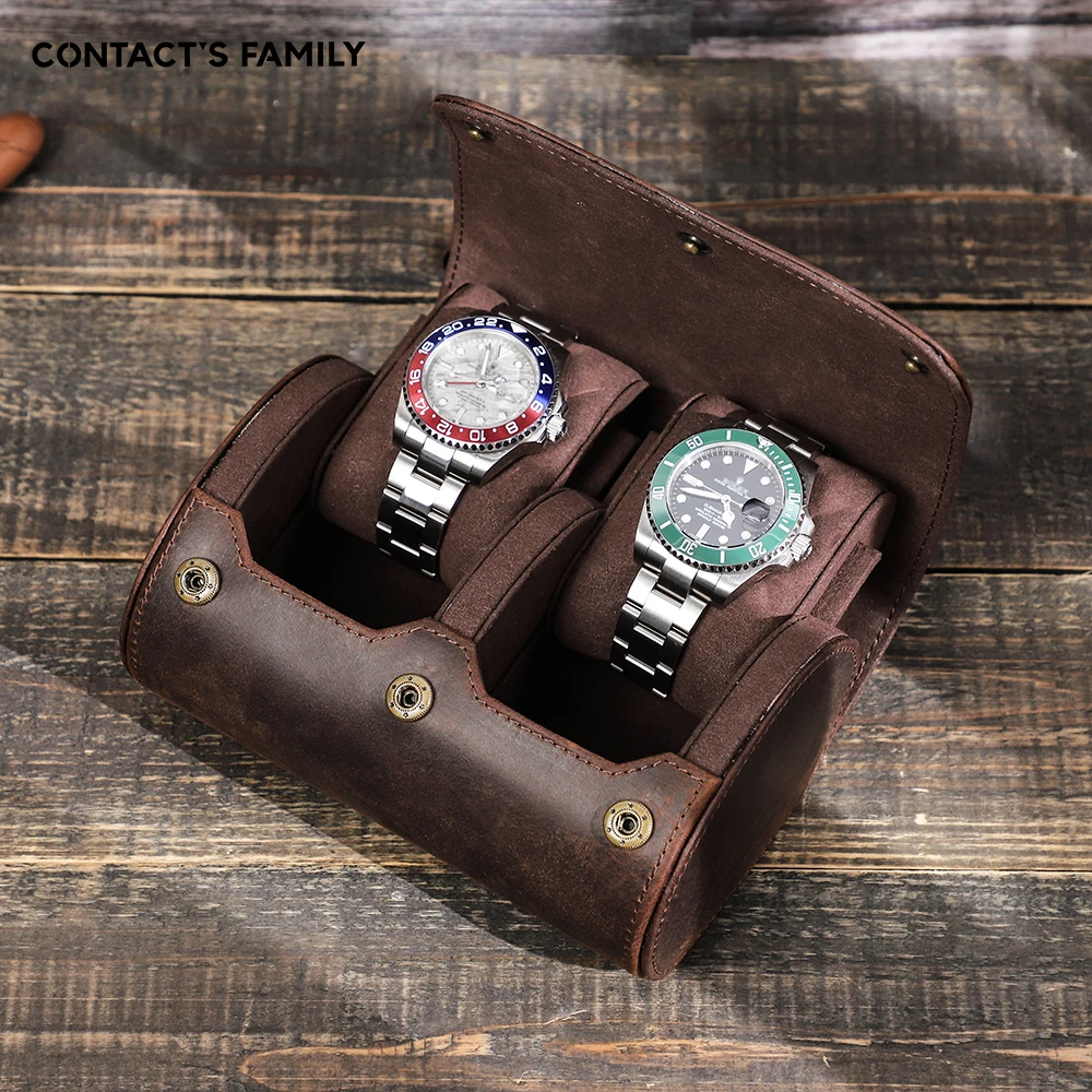 CONTACT'S FAMILY Retro 2 Slots Watch Roll case Travel Portable Leather Travel Watch Storage Box Organizer with Slid in Out