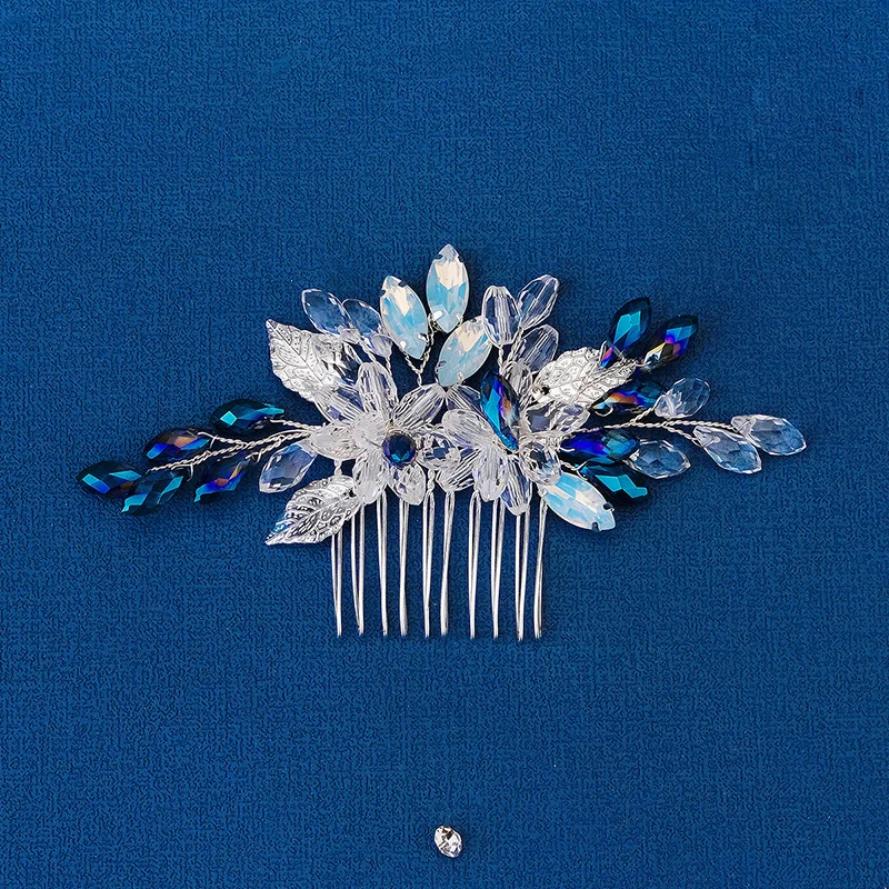 Dreamy Sapphie Blue Color Crystal Handmade Bridal Hair Comb Shiny Alloy Hairpin Clip Fashion Bride Wedding Hair Accessoreis