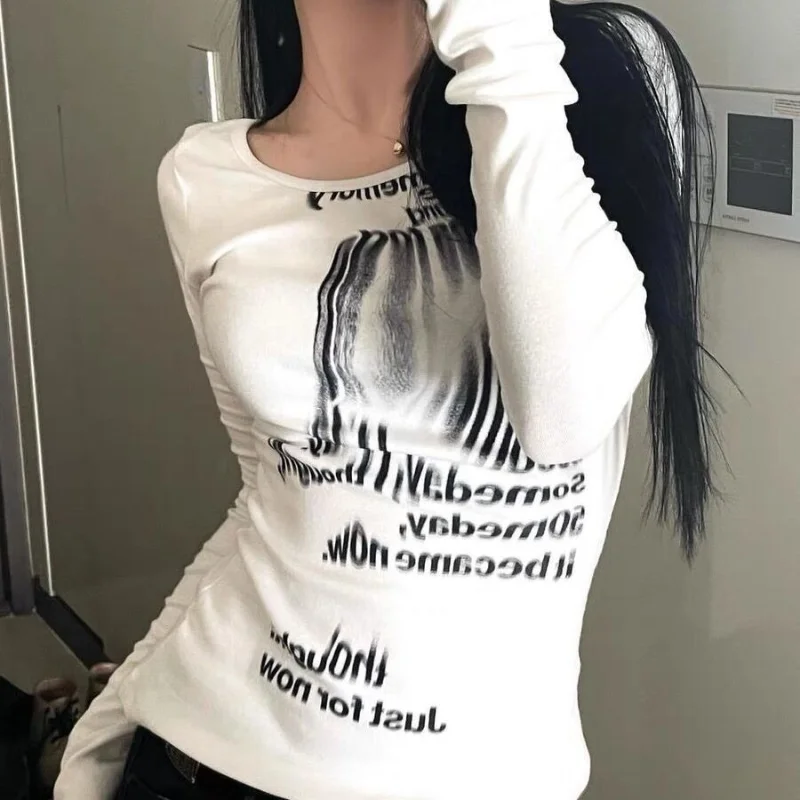 

Футболка женская приталенная с принтом, короткий топ с длинным рукавом и открытыми плечами, модная одежда, Y2K, весна-осень